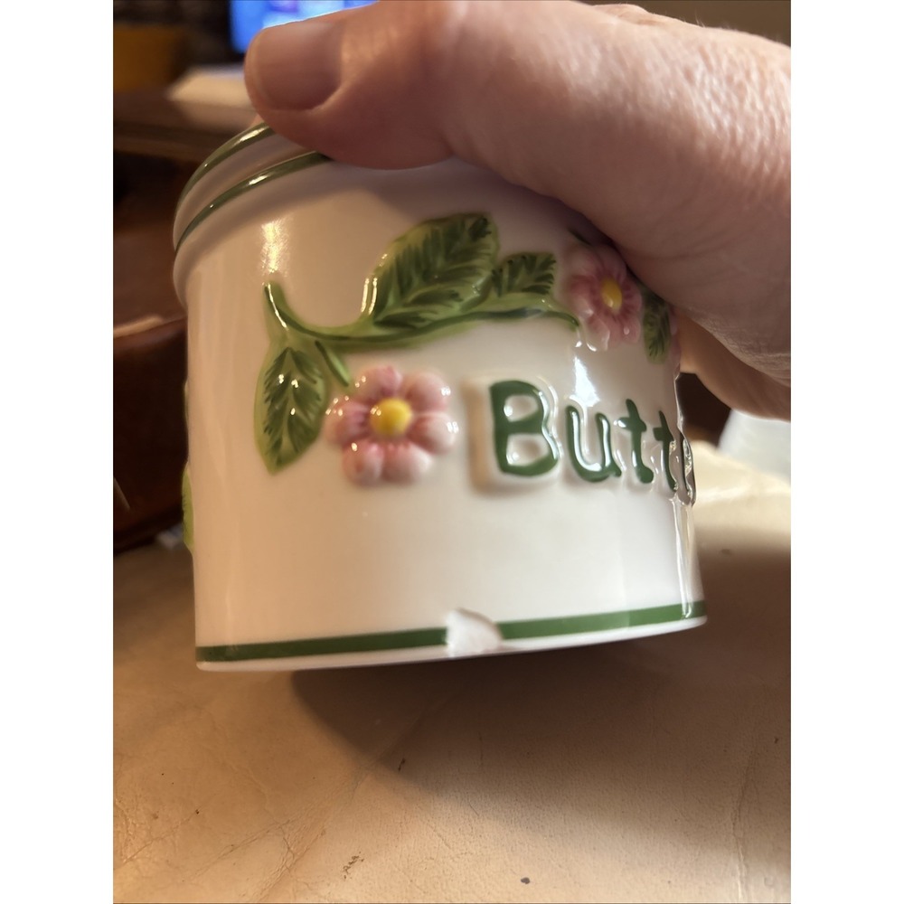 Vintage Butter Bell Crock French Beurre Embossed Pink Green Flowers L. Tremain - Picture 8 of 8